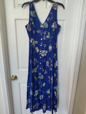 Vintage Express Royal Blue Floral Button-Front Maxi Dress